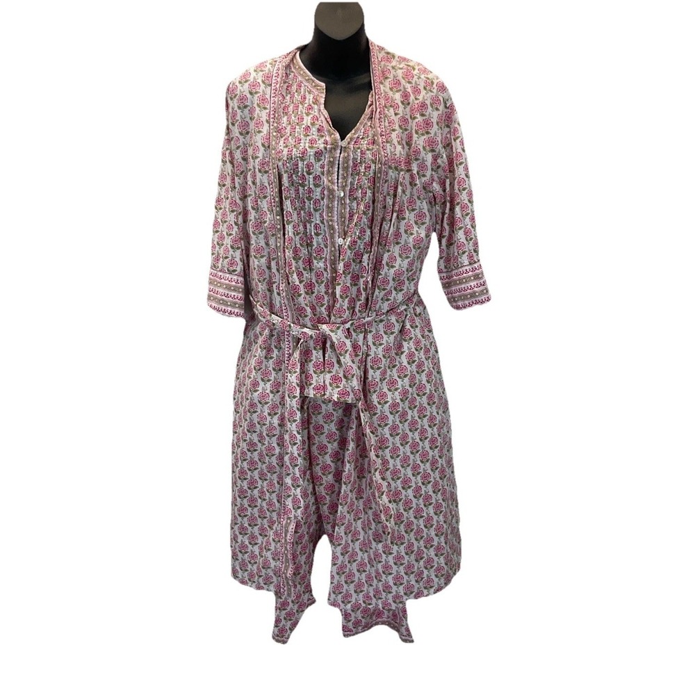 ELLA SIMONE 3 piece robe, shirt, pants set Red floral cotton, luxury‎ size LG